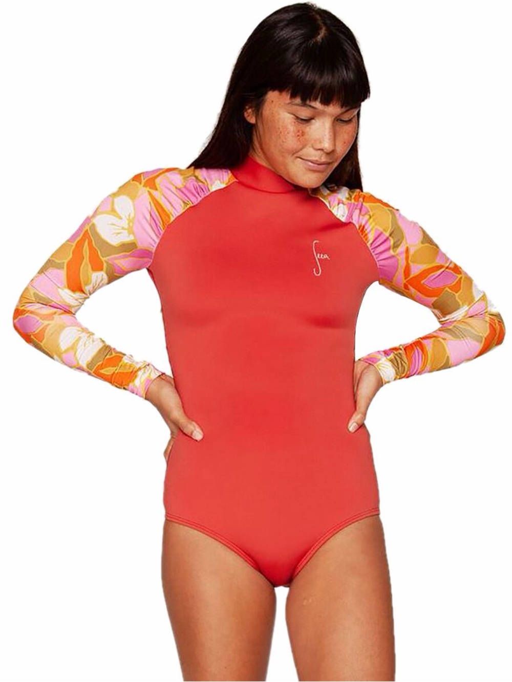 Seea Gaviotas Coral Red Long-Sleeve Floral-Print Surfsuit